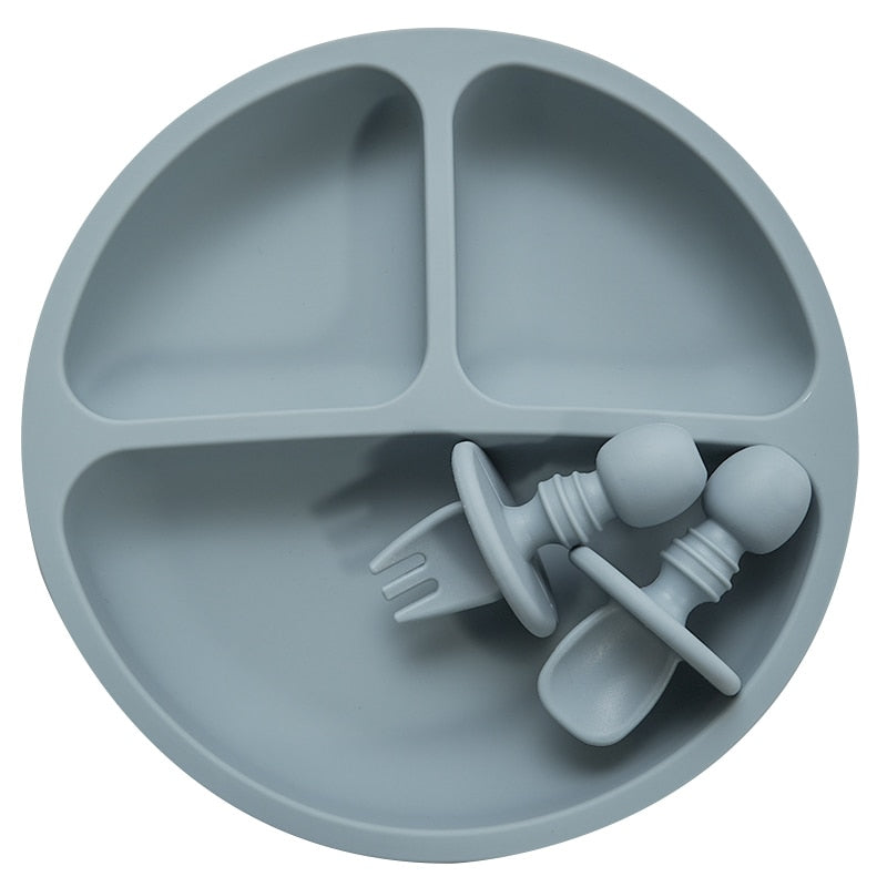 Fashion Solid Silicon Plate Set For Baby plate set Kids Training Feeding Dinnerware Baby Learning Plate Set With Fork Spoon BPA