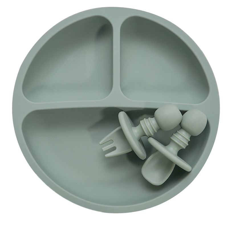 Fashion Solid Silicon Plate Set For Baby plate set Kids Training Feeding Dinnerware Baby Learning Plate Set With Fork Spoon BPA