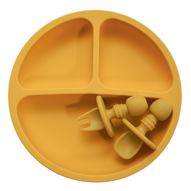Fashion Solid Silicon Plate Set For Baby plate set Kids Training Feeding Dinnerware Baby Learning Plate Set With Fork Spoon BPA