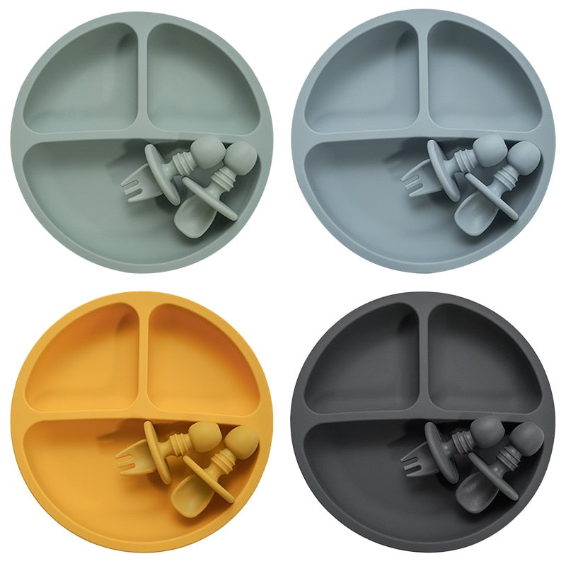 Fashion Solid Silicon Plate Set For Baby plate set Kids Training Feeding Dinnerware Baby Learning Plate Set With Fork Spoon BPA