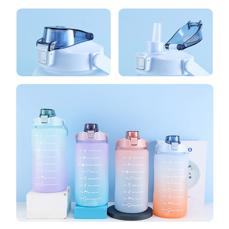 2L Large Capacity Water Bottle Straw Cup High Temperature Plastic Water Cup Time Scale Frosted Outdoor Sports Student Couple Cup