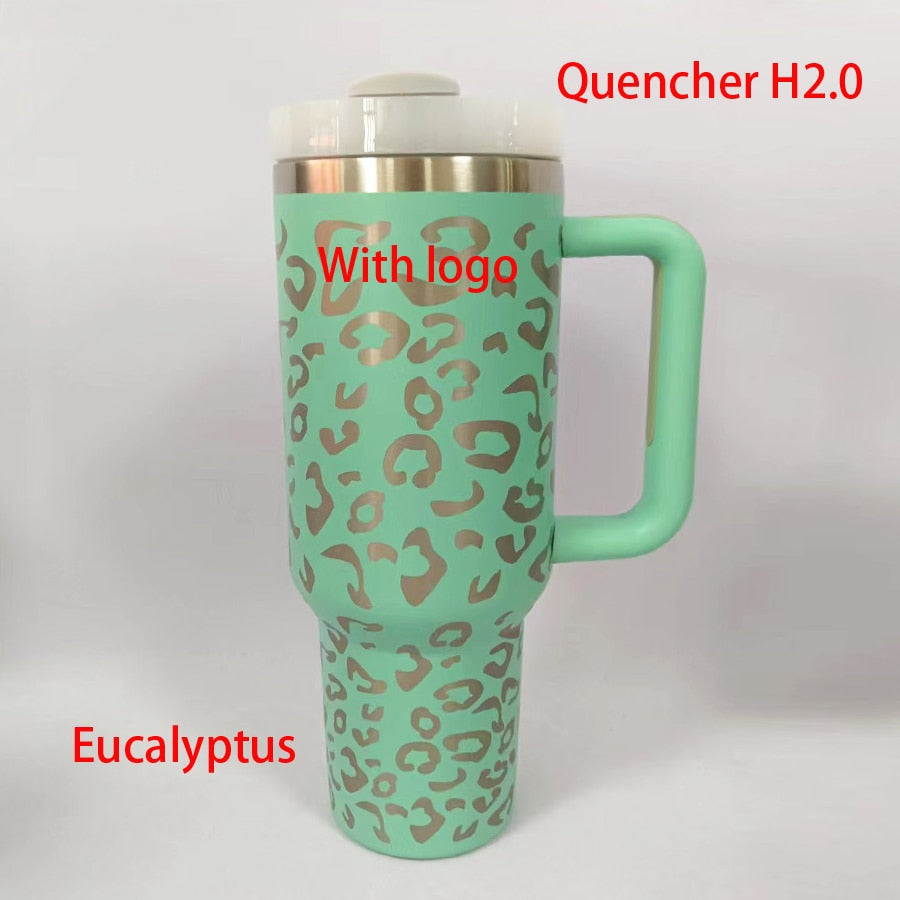 Stanley 40 oz Tumbler With Handle and Logo Leopard Tumbler With Straw Lids Stainless Steel Coffee Tumbler Termos Cup Car Mugs