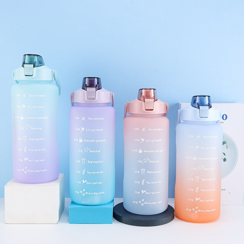 2L Large Capacity Water Bottle Straw Cup High Temperature Plastic Water Cup Time Scale Frosted Outdoor Sports Student Couple Cup