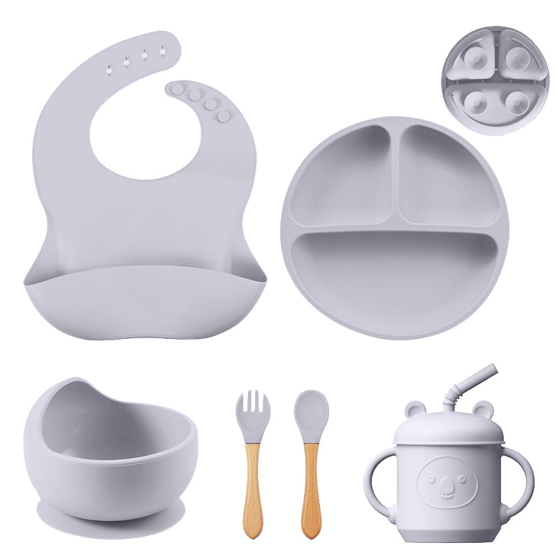 Silicone Baby Bowl+Suction Plate+Straw Cup+Waterproof Bib+Spoon Fork Silicone Baby Tableware Set Kids Feeding Dishes