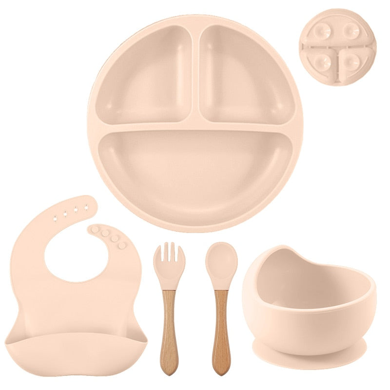 Silicone Baby Bowl+Suction Plate+Straw Cup+Waterproof Bib+Spoon Fork Silicone Baby Tableware Set Kids Feeding Dishes