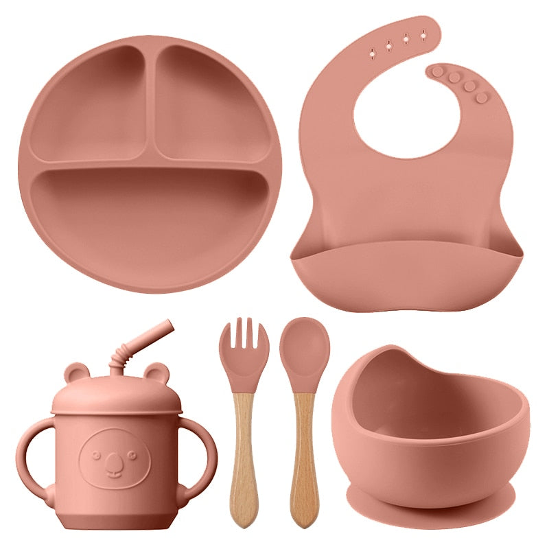 Silicone Baby Bowl+Suction Plate+Straw Cup+Waterproof Bib+Spoon Fork Silicone Baby Tableware Set Kids Feeding Dishes