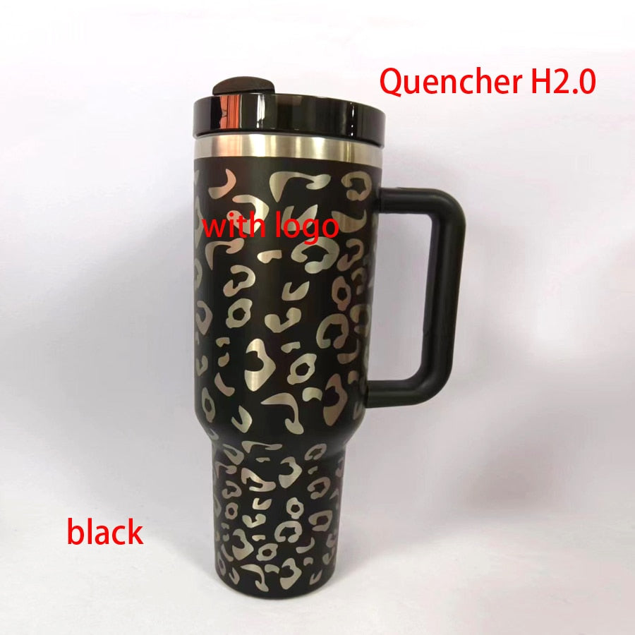 Stanley 40 oz Tumbler With Handle and Logo Leopard Tumbler With Straw Lids Stainless Steel Coffee Tumbler Termos Cup Car Mugs