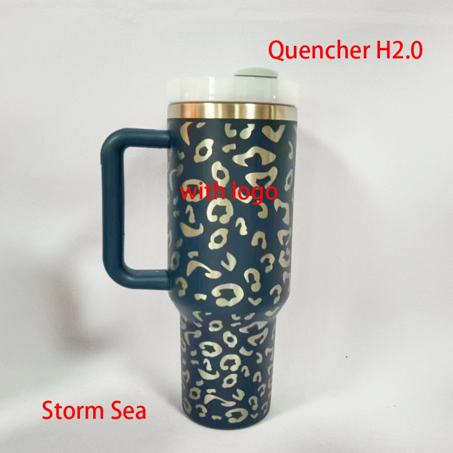 Stanley 40 oz Tumbler With Handle and Logo Leopard Tumbler With Straw Lids Stainless Steel Coffee Tumbler Termos Cup Car Mugs