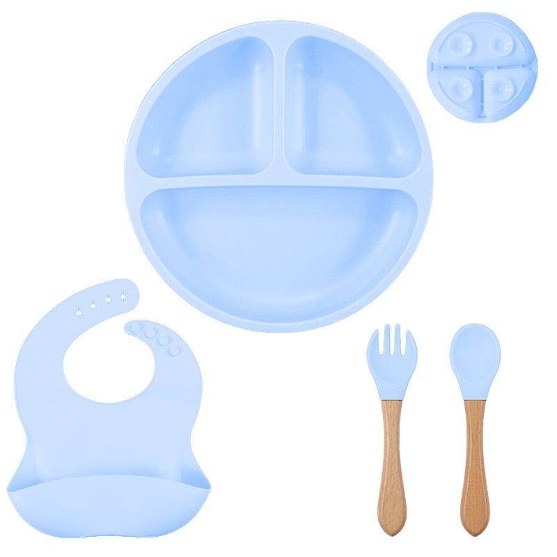 Silicone Baby Bowl+Suction Plate+Straw Cup+Waterproof Bib+Spoon Fork Silicone Baby Tableware Set Kids Feeding Dishes