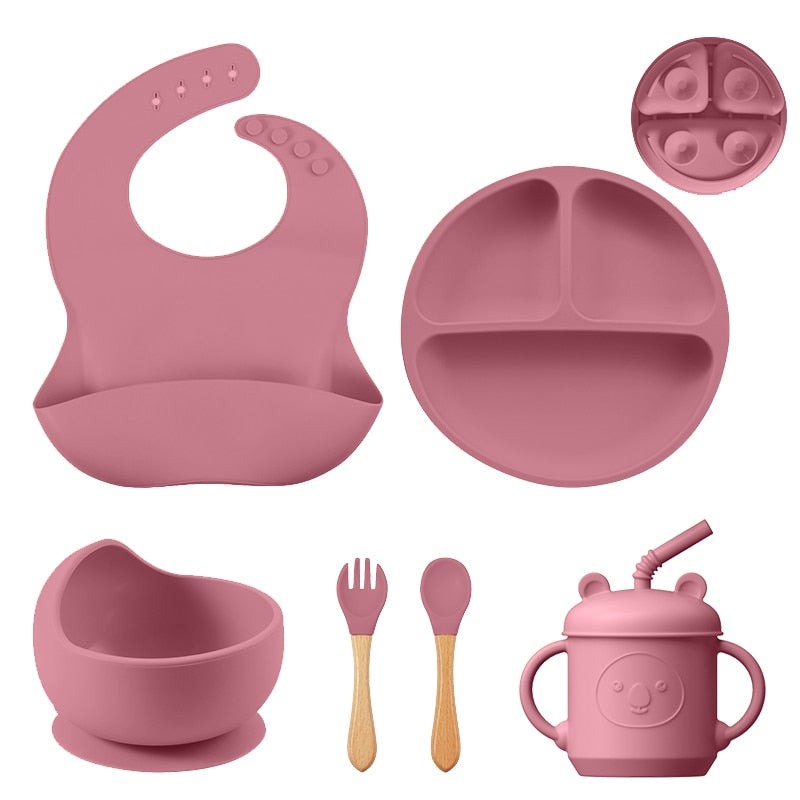 Silicone Baby Bowl+Suction Plate+Straw Cup+Waterproof Bib+Spoon Fork Silicone Baby Tableware Set Kids Feeding Dishes