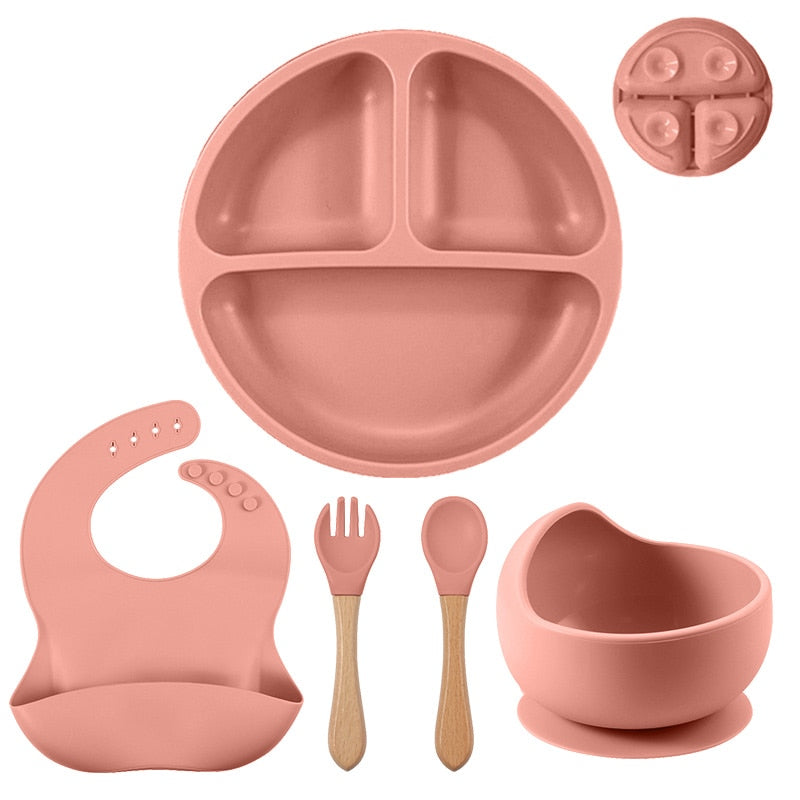 Silicone Baby Bowl+Suction Plate+Straw Cup+Waterproof Bib+Spoon Fork Silicone Baby Tableware Set Kids Feeding Dishes