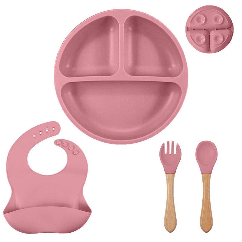 Silicone Baby Bowl+Suction Plate+Straw Cup+Waterproof Bib+Spoon Fork Silicone Baby Tableware Set Kids Feeding Dishes