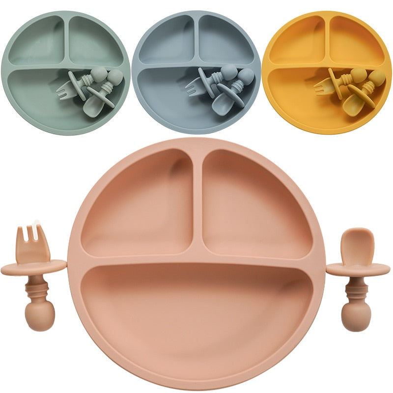 Fashion Solid Silicon Plate Set For Baby plate set Kids Training Feeding Dinnerware Baby Learning Plate Set With Fork Spoon BPA